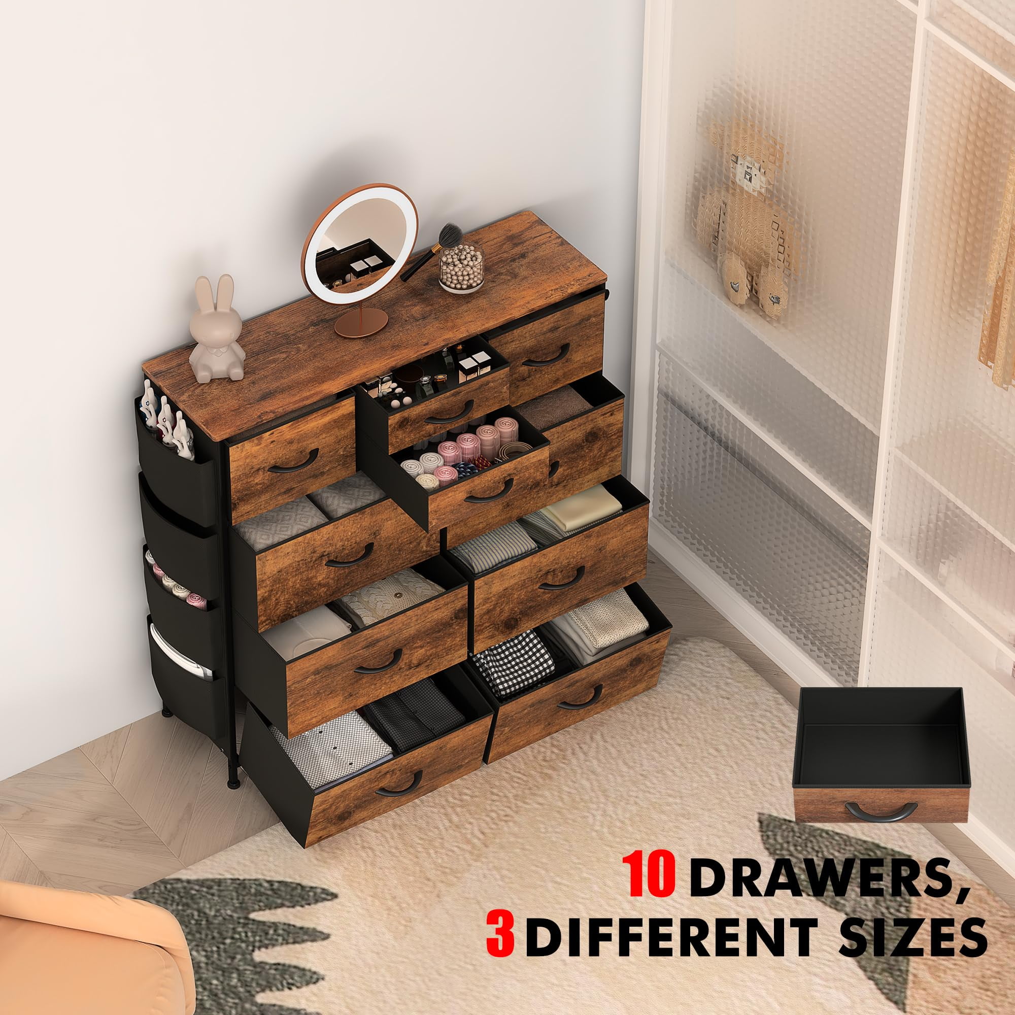 10-Drawer Boucle Dresser with Pockets & Hooks
