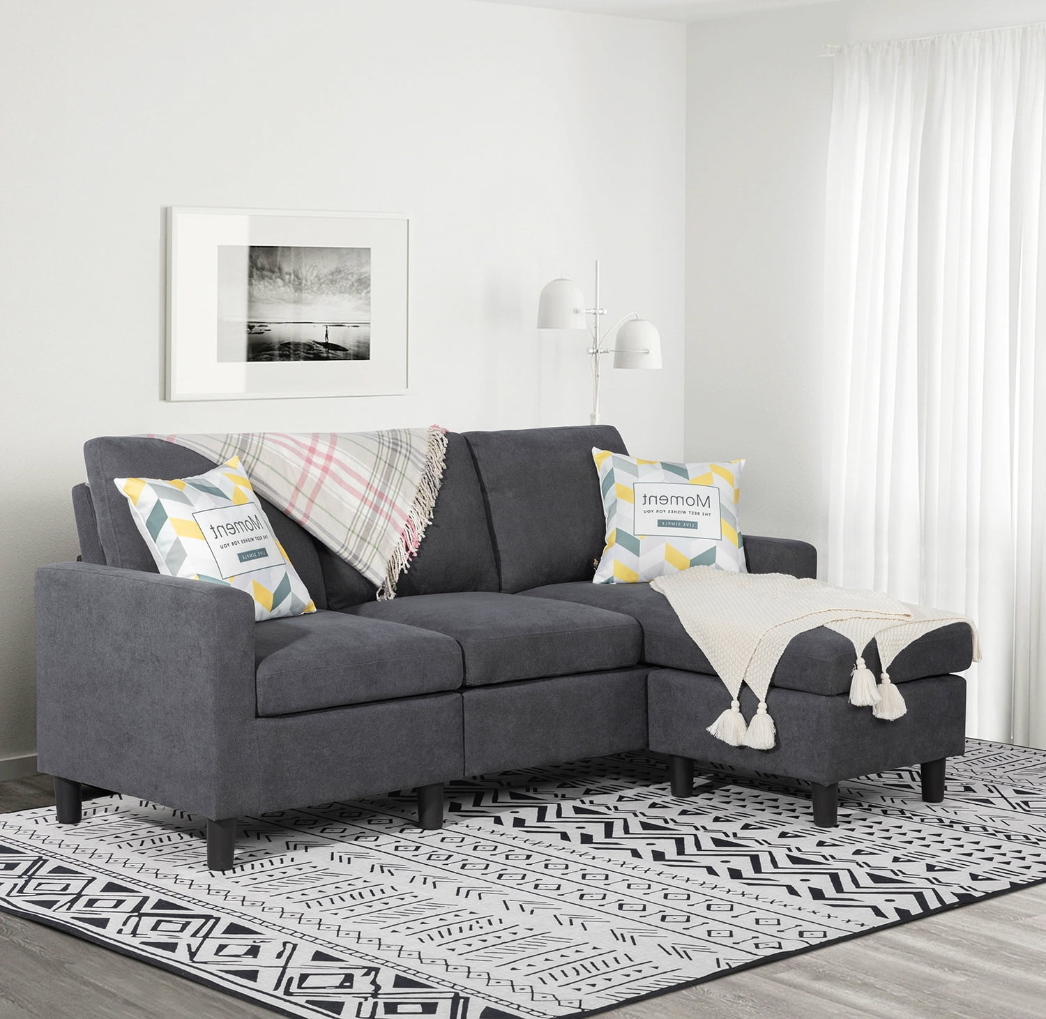 Modern L-Shaped Convertible Sectional Sofa in Dark Gray