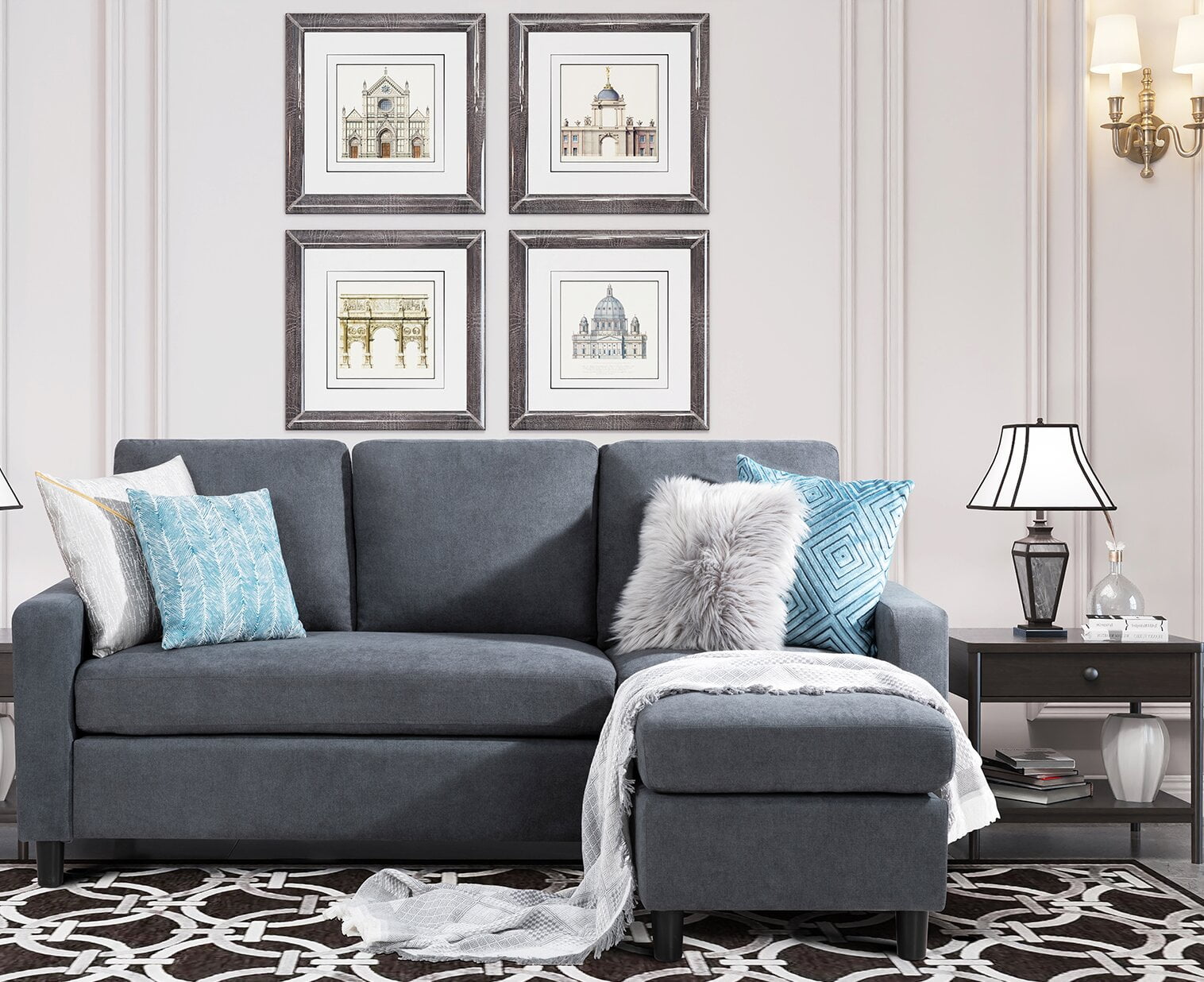 Modern L-Shaped Convertible Sectional Sofa in Dark Gray