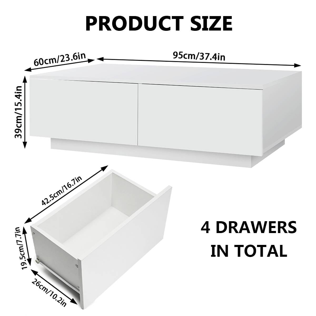 LED Coffee Table with 4 Drawers, White Gloss