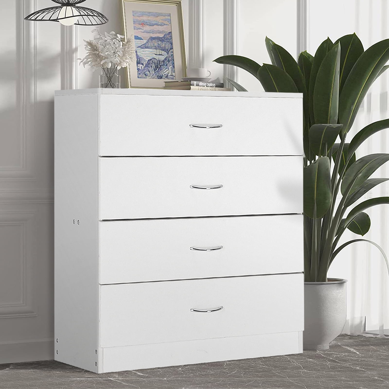 Modern 4-Drawer White Wood Dresser for Bedroom