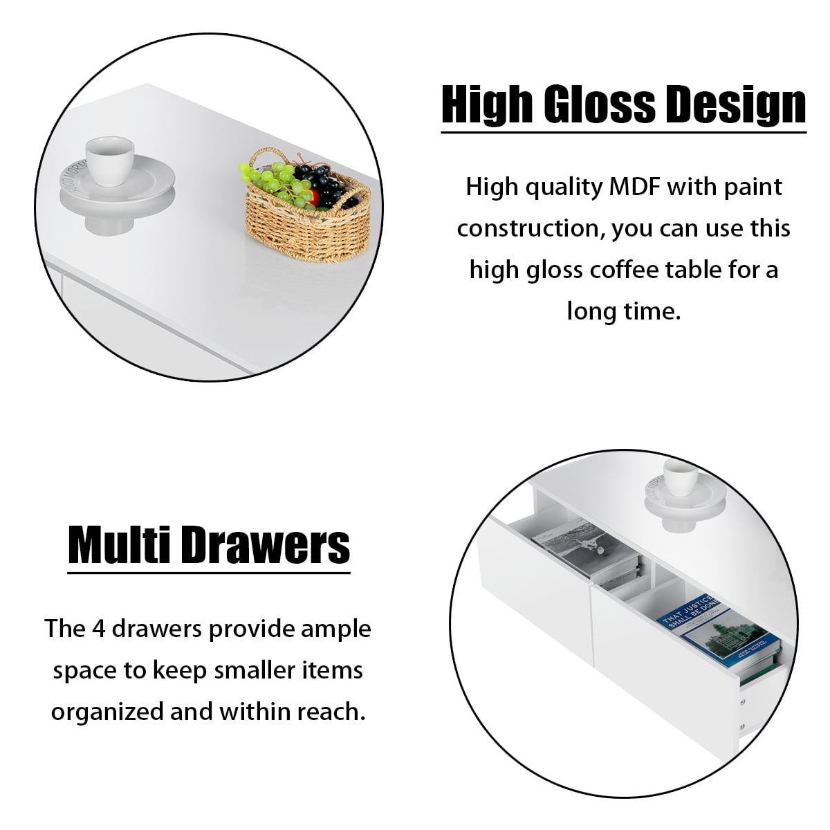 LED Coffee Table with 4 Drawers, White Gloss