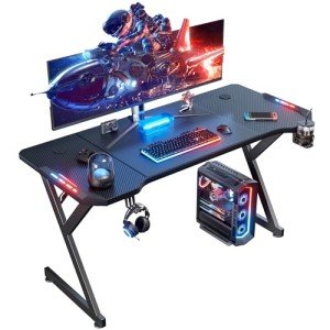HLDIRECT 47 Inch Gaming Desk with LED Lights, Ergonomic Computer Table with Carbon Fibre Surface, Sturdy PC Workstation Desk for Home Office with Headphone Hook, Cup Holder, Black