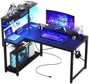 Homieasy Small Gaming Desk with Power Outlets Pegboard LED Light, 43 Inch L Shaped Computer Desk with Monitor Stand Storage Shelves, Reversible Corner Desk with Headset Hooks, Carbon Fiber Black