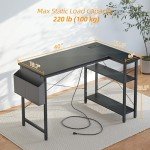 TIQLAB Small Computer Desk with Power Outlets, 40 Inch L Shaped Desk with Reversible Shelves, Gaming Desk Corner Desk Study Writing Table for Home Office Bedroom Living Room, Black
