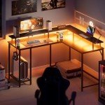 SUPERJARE Desk L Shaped Gaming Desk with LED Lights & Power Outlets, Computer Desk with Monitor Stand, Home Office Desk Corner Desk with Headphone Hooks, Black