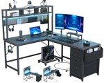 DOMICON Gaming Desk Computer Desk with Pegboard & Shelves Large L Shaped Desk with Drawers, Gaming Desk with Power Outlet & LED & Monitor Stand & Mobile CPU Stand, Corner Deck for Home Office Black