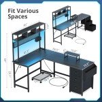 DOMICON Gaming Desk Computer Desk with Pegboard & Shelves Large L Shaped Desk with Drawers, Gaming Desk with Power Outlet & LED & Monitor Stand & Mobile CPU Stand, Corner Deck for Home Office Black