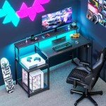 AODK Computer Desk, 48 Inch Gaming Desk with Led Lights & Power Outlet, Office Desk with Printer Storage Shelves, Reversible Desk with Monitor Shelf & Headphone Hook, Carbon Fiber Black