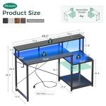 AODK Computer Desk, 48 Inch Gaming Desk with Led Lights & Power Outlet, Office Desk with Printer Storage Shelves, Reversible Desk with Monitor Shelf & Headphone Hook, Carbon Fiber Black