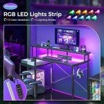 AODK Computer Desk, 48 Inch Gaming Desk with Led Lights & Power Outlet, Office Desk with Printer Storage Shelves, Reversible Desk with Monitor Shelf & Headphone Hook, Carbon Fiber Black