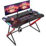 TIQLAB Gaming Desk with LED Lights, 40 Inch Computer Desk Z Shaped Gamer Workstation, Gaming Table with Carbon Fiber Surface, PC Gamer Desk, Black