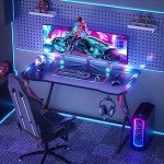 TIQLAB Gaming Desk with LED Lights, 40 Inch Computer Desk Z Shaped Gamer Workstation, Gaming Table with Carbon Fiber Surface, PC Gamer Desk, Black