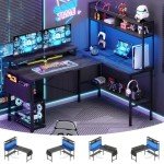 Aheaplus L Shaped Gaming Desk with Power Outlets & LED Lights, Small L- Shaped Desk Computer Corner Desk with Monitor Stand & Storage Shelf, Home Office Desk Writing Desk with Storage Bag, Grey Oak