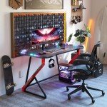 TIQLAB Gaming Desk with LED Lights, 40 Inch Computer Desk Z Shaped Gamer Workstation, Gaming Table with Carbon Fiber Surface, PC Gamer Desk, Black