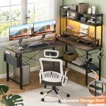 Aheaplus L Shaped Gaming Desk with Power Outlets & LED Lights, Small L- Shaped Desk Computer Corner Desk with Monitor Stand & Storage Shelf, Home Office Desk Writing Desk with Storage Bag, Grey Oak
