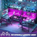 Aheaplus L Shaped Gaming Desk with Power Outlets & LED Lights, Small L- Shaped Desk Computer Corner Desk with Monitor Stand & Storage Shelf, Home Office Desk Writing Desk with Storage Bag, Grey Oak