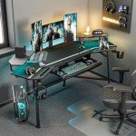 EUREKA ERGONOMIC Aero Gaming Desk with Led Lights, 72" Large Wing-Shaped Studio Desk W Keyboard Tray Monitor Stand Dual Headphone Hanger Cup Holder for Live, Streamer