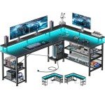 ODK 66" L Shaped Gaming Desk with Power Outlet and LED Lights, PC Gaming Table with USB Ports, Reversible L Shape Desk with Storage Shelves & Monitor Stand, Home Office Desk, Black Carbon Fiber