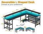 ODK 66" L Shaped Gaming Desk with Power Outlet and LED Lights, PC Gaming Table with USB Ports, Reversible L Shape Desk with Storage Shelves & Monitor Stand, Home Office Desk, Black Carbon Fiber