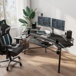 EUREKA ERGONOMIC Aero Gaming Desk with Led Lights, 72" Large Wing-Shaped Studio Desk W Keyboard Tray Monitor Stand Dual Headphone Hanger Cup Holder for Live, Streamer