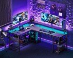 ODK 66" L Shaped Gaming Desk with Power Outlet and LED Lights, PC Gaming Table with USB Ports, Reversible L Shape Desk with Storage Shelves & Monitor Stand, Home Office Desk, Black Carbon Fiber