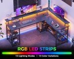 ODK 66" L Shaped Gaming Desk with Power Outlet and LED Lights, PC Gaming Table with USB Ports, Reversible L Shape Desk with Storage Shelves & Monitor Stand, Home Office Desk, Black Carbon Fiber