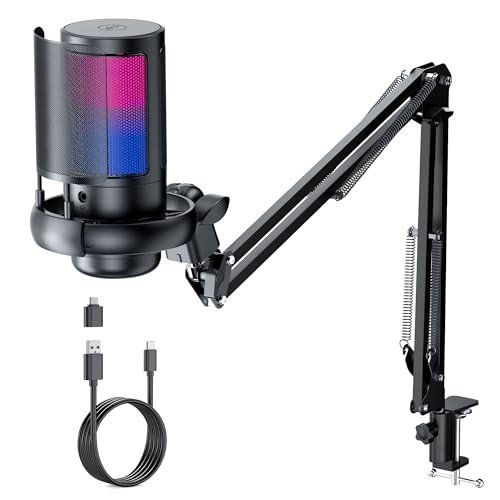 QIUOIO Gaming USB Microphone for PC: Computer Condenser Mic with Boom Arm - Recording Accessories for Gamer - Podcast Microphone Kit for Streaming