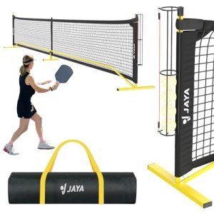 JAYA Portable Pickleball Net with Unique Ball Holder, IPF Standard 22FT, Steady Metal Frame, Easy Setup, Suitable for Driveways and Backyards Bright Yellow with Black