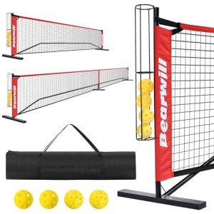 Bearwill Pickleball Net, 11 FT & 22 FT Pickleball Net for Driveway, Regulation Size & Half Court Portable Pickle Ball Net for Outdoor Backyard, Steady Metal Frame with Exclusive Ball Holder, Carry Bag