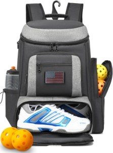 HAMBOLY Pickleball Bag for Men & Women, Pickleball Backpack with various Zipper Pockets for Balls, Paddles, Shoes, Bottles, cold Drinks and wet Towel, with a Fence Hook, Dark Gray + Light Gray
