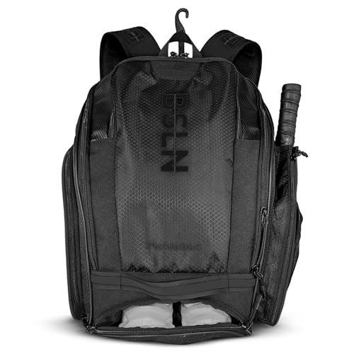 BSLN Pickleball Bag - Large Pickle Ball Sports Backpack with Padded Paddle Pockets & Large Bottom Sack for Shoes - Hanging Fence Hook, Storage Compartments for Laptop, Insulated Water Bottle (black)