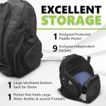 BSLN Pickleball Bag - Large Pickle Ball Sports Backpack with Padded Paddle Pockets & Large Bottom Sack for Shoes - Hanging Fence Hook, Storage Compartments for Laptop, Insulated Water Bottle (black)