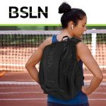 BSLN Pickleball Bag - Large Pickle Ball Sports Backpack with Padded Paddle Pockets & Large Bottom Sack for Shoes - Hanging Fence Hook, Storage Compartments for Laptop, Insulated Water Bottle (black)