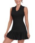 WOWENY Tennis Dress Golf Dresses for Women Pleated with Shorts and Pockets Sleeveless V Neck Workout Athletic Dress Black L
