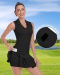 WOWENY Tennis Dress Golf Dresses for Women Pleated with Shorts and Pockets Sleeveless V Neck Workout Athletic Dress Black L