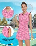 WOWENY Womens Tennis Golf Dress with Shorts and Pockets Workout Athletic Sport Sleeveless Dresses Collared Pickleball Petal Sleeve Outfits(Pink Floral-132,M)