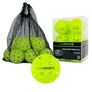Lumi SPORTS 12-Pack Premium Pickleball Balls | 40 Holes Outdoor Fluorescent Green Balls | All-Surface Play | Crack-Resistance | Convenient Drawstring Mesh Bag | USAPA Standard Size and Weight