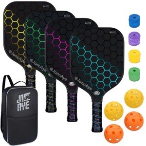 JoncAye Pickleball Paddles Set of 4 Fiberglass Rackets and Balls w/Racquet Case, Overgrip, Ball Bag, USAPA Approved Pickle-Ball Kit for Women, Men, Lightweight Starter Set for Kids, Adults