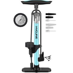 Hycline Bike Floor Pump, 160 PSI High Pressure - Portable Handheld Pump with Gauge & Dual Valve for Bikes, Inflatables, Toys (Blue, Stainless Steel)