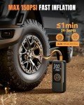 MAKELIFT Tire Inflator Portable Air Compressor, 150PSI Air Pump for Car Tires, Cordless Bike Pump with Tire Pressure Gauge & LED Light, 12V DC Tire Pump for Cars, Motorcycles, Bikes, Balls