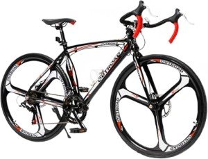 Max4out 700C Wheel Road Commuter Bike, 14/21 Speed Shifter, Dual Disc Brakes Racing Bicycle with Aluminum Alloy Frame for Adult Men and Women(Black Red), One Size