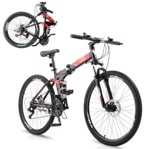 Ktaxon Folding Mountain Bike 21-Speed Adult Bikes 26 Inch Bike with High Carbon Steel Frame, Double-Kill Disc Brake System, Thickened Shock-Absorbing Front Fork (Black)
