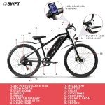 SWFT Edge Electric Mountain Bike for Adults- 44 Miles Max Range, 20mph Max Speed, 26” Tires, 3 Level Pedal Assist, LCD Display, EBike Black
