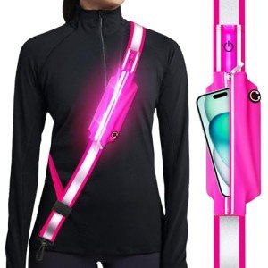 Ylzzrs Reflective Sash Gear for Walking at Night,LED Reflective Belt Safety Lights,Lights for Night Dog Walking,High Visibility Type-C Rechargeable with Phone Holder for Men Women(Pink)