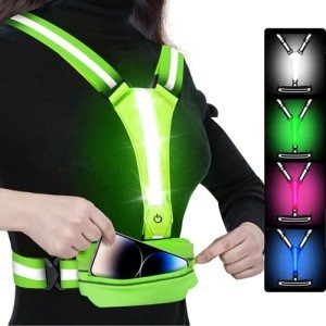 Upgraded LED Reflective Running Vest with Pouch - 4 Color Light-Up Vest with 3 Light Modes, Rechargeable Safety Gear for Night Cycling, Dog Walking & Jogging, Adjustable for Women, Men & Kids(Green)
