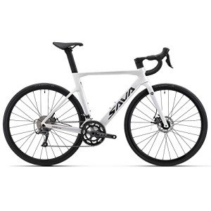 SAVADECK Carbon Disc Road Bike, Integrated Design Racing Bicycle Carbon Frame Carbon Fork with Shimano SORA R3000 Derailleur System 18 Speed Disc Brake Road Bike for Men or Women.(White 56cm)