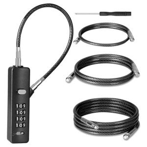 DELSWIN Cable Locks with Combination, 4-Digit Combination Lock with 3 Different Length Replaceable Steel Rope, Security Cable Lock for Luggage, Helmet, Gym Locker, Cabinet, Fence Gate (Black)