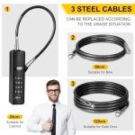 DELSWIN Cable Locks with Combination, 4-Digit Combination Lock with 3 Different Length Replaceable Steel Rope, Security Cable Lock for Luggage, Helmet, Gym Locker, Cabinet, Fence Gate (Black)