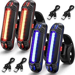4 Pcs Bike Light USB Rechargeable Bike Tail Light Bicycle Headlight Tail Light Set Ultra Bright Bicycle LED Safety Light Waterproof Cycling Taillight 7 Modes for Road Mountain Night Riding(Red, Blue)